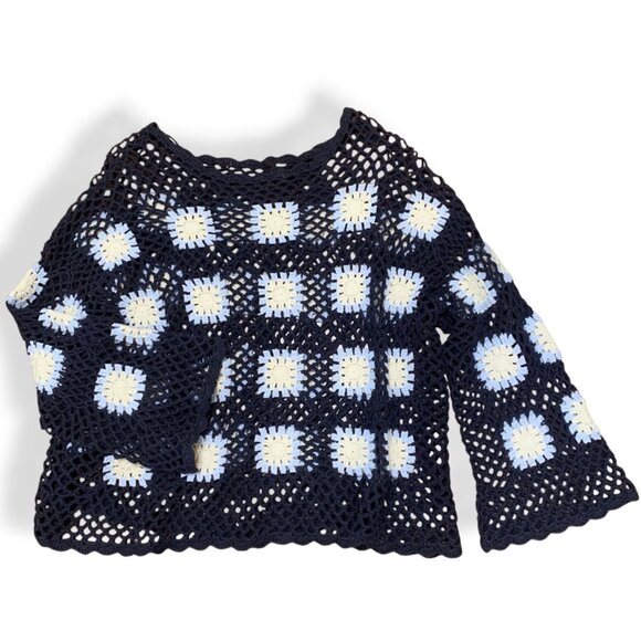 Women’s Sweater Crochet Open Navy Floral Granny Square Long Sleeve Boho Cottage - Picture 6 of 12